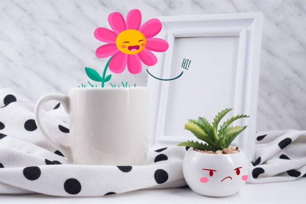 A cheerful flower pops out of a white mug.