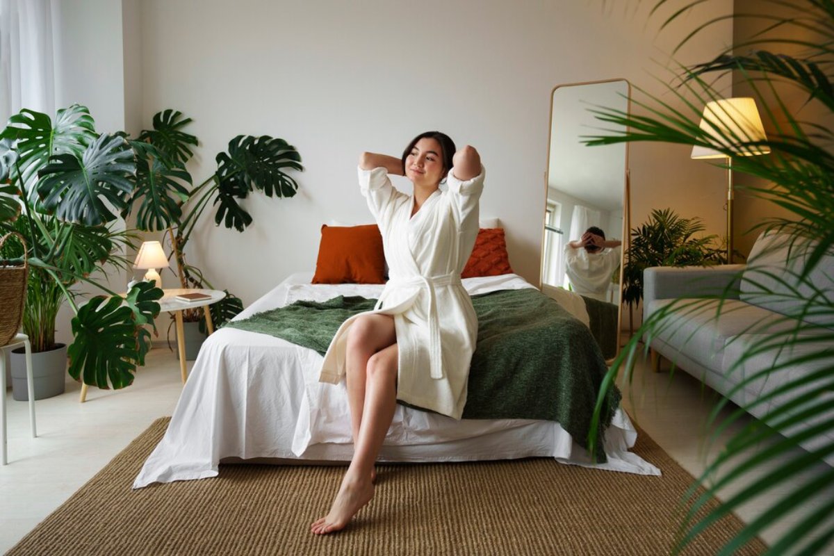 A cozy bedroom featuring a bed with an olive green blanket, decorative pillows, a mirror, and large indoor plants.