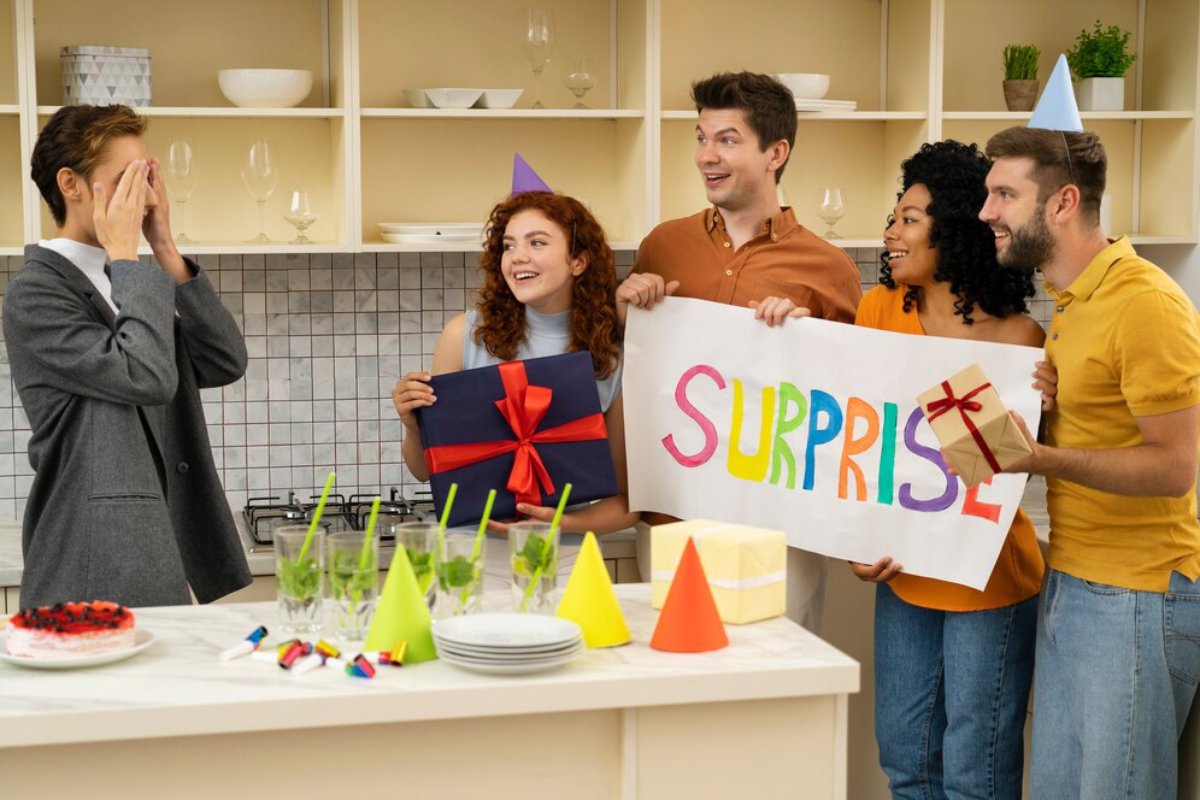 A group of friends surprises someone with a colorful 